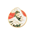 Close-up of circular Great Wave enamel pin with gold trim and red sun landscape design - Great Wave Off Kanagawa (xz2783)