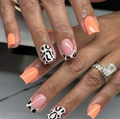 Fashionable leopard print and orange French tip medium square press-on nails set - Orange Nude Pink Leopard Medium Square Style (CW788)
