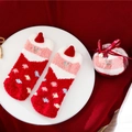 Red Christmas coral fleece warm socks with cartoon bear 3D ears and colorful dots - Kids Size (Without Ball) / Classic Santa Claus