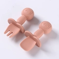 Dusty rose silicone baby spoon and fork set with panda handles and safety guards - All-Silicone Short Spoon + Short Fork / Peach