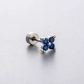 Silver titanium steel flower ear stud with four blue zircon petals and screw back closure - Sea Blue (1 Pc)