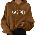 Brown oversized hoodie with GOOD vibes print, featuring front pocket and drawstring hood - Coffee
