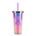 Holographic 24oz plastic tumbler with pink straw, silver lid and Girl Power text - Flat Lid B/Iridescent Girl Power
