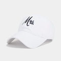 Close-up of premium white cotton baseball cap with high-quality black Mrs. embroidery - Adjustable / Mrs. Style / MRS White