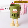 Creative green trash can shaped desk organizer with cartoon face and DIY leg accessories - Retro Green with Stickers and Feet / Vintage Green