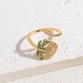 14K gold plated monstera leaf ring with green and white cubic zirconia stones - Gold Monstera Leaf