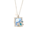 Silver necklace with a blue frame pendant featuring white flowers and a crystal butterfly - Blue Oil Butterfly-Steel Color 0238