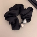 Black fabric scrunchie with faceted gemstone and silver pearl charm for women - Black Heart Crystal