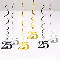 6-pack of black and gold 25th birthday party hanging PVC ceiling foil swirls with number 25 - 25th Birthday (Gold Silver Black) / 6 Pieces Set