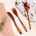 Japanese style nanmu wood cutlery set including knife fork spoon with hemp rope handle - Khaki Wrapped Knife Fork Spoon