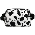 Detail of a cow print waist bag showing the zipper and black adjustable nylon strap - Cow White