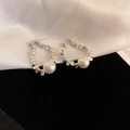 Silver wrinkled cube hoop earrings with white round pearl drop on black and white silk - Silver Earring Post Silver Fragment Pearl Hoop Earrings