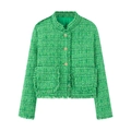 Elegant green tweed jacket with gold buttons and fringe details on white background - S / Green