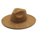 Detailed view of brown wide brim fedora hat with elegant silver rhinestone hat band - Khaki (Suede)