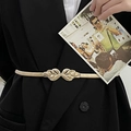 Elegant gold metal elastic waist chain with twisted leaf buckle on black blazer jacket - A175 Twisted Leaf Buckle / Gold
