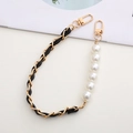 Detail of gold metal chain woven with black leather and white pearls for bag strap - Leather Clasp Hand Strap / Black