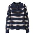 Blue and brown striped knit Polo shirt with long sleeves and buttoned collar detail - One Size / Navy Blue