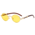 Retro small oval sunglasses with yellow lenses and dark brown wood grain temples - Gold/Yellow
