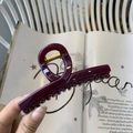 Gros plan sur la pince à cheveux bordeaux élégante avec ressort doré sur un magazine - Rouge Cerise-Moyen Droit-Boucle Papillon (9cm)