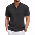 Camisa Henley retro de algodón y lino negro a rayas para hombre con ajuste relajado - S / Negro