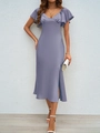 Detail of lavender satin dress featuring a V-neckline and elegant butterfly sleeves - S / Silver
