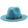 Sky blue wool fedora hat with a zebra print band and silver buckle for autumn and winter - M (56-58cm) / Lake Blue