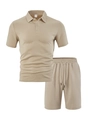 Completo casual da uomo con polo e pantaloncini in maglia a nido d'ape beige - Cachi