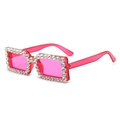 Trendy rectangular rhinestone sunglasses in hot pink for stylish women street photography - Rose Red