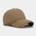 Detailed close-up of khaki washed canvas baseball cap with frayed edges and contrast stitching - Adjustable / Khaki
