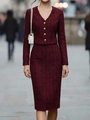 Elegant burgundy tweed two-piece suit with V-neck buttoned jacket and high waist midi skirt - M / Burgundy