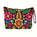 Day of the Dead floral makeup bag with pink and yellow flowers on black fabric - Pink Yellow Blue Symmetrical Floral (xy-036-02) / With Wristlet