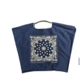 Dark blue nylon tote bag with white paisley embroidery and woven cord handles - M / Navy Blue Paisley