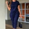 Women's dark blue two-piece casual set with short sleeve t-shirt and cargo joggers - S / Navy Blue