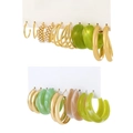 Golden alloy hoop earring set with faux pearls and green resin C-shape charms - KC Gold (10 Pairs Set)