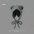 Cute grey teddy bear ear beanie hat with long ribbon bow tie for winter warmth - Bear Ear Plush Hat (Gray/With Tie) / Gray