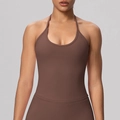 Detail of dark brown halter neck sports bodysuit in high-elasticity matte fabric - S / Chestnut Brown