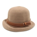 Close-up of camel knit bucket hat featuring brown leather band with metal rivets - M (56-58cm) / Brown