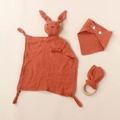 Detailed set of muslin cotton baby bib, rabbit comforter, and wooden teething ring - 30*30 cm / Brick Red