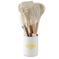 Cream silicone kitchen utensil set with wooden handles in a ceramic storage pot - Cream White Kitchen Utensil Set (With Bucket)