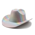 Detail des holografischen Lasermaterials auf dem Regenbogen-Cowboyhut mit Metallglanz - Hellrosa