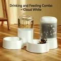 Cloud white 2-in-1 pet automatic feeder and water dispenser set on wooden floor - Waterer + Feeder Combo / Cloud White
