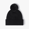 Classic black cable knit beanie with a fluffy pom-pom and thick folded cuff for winter - Black (24B019)