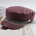 Burgundy PU leather newsboy cap featuring multi-layer silver metal chain decoration - One Size 58cm / Wine Red Double Chain Style