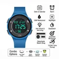 Blue digital sports watch with round dial and silicone strap in a premium gift box - Blue