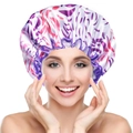 Close-up of double-layer satin shower cap with purple leaf prints and ruffled elastic edge - Purple Striped