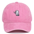 Close-up of pink washed cotton dad hat featuring detailed ghost with knife embroidery - Adjustable / Pink