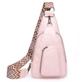Pink PU leather crossbody bag featuring geometric patterned strap and bronze metal zippers - Macaron Pink