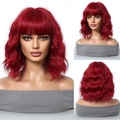 Short wavy red bob wig with bangs for women, multi-angle studio view in high quality - Red