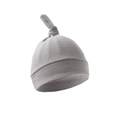 Close-up of a soft grey knotted newborn baby hat in premium cotton knit fabric - Flaxen