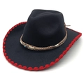 Western cowboy fedora in black felt with red stitched brim and turquoise bead band - M (56-58cm) / Black